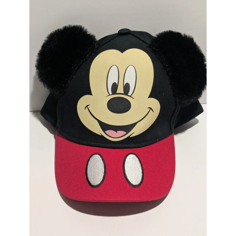 Disney Mickey Mouse Fuzzy Ears Red Black Baseball Cap Hat Kids